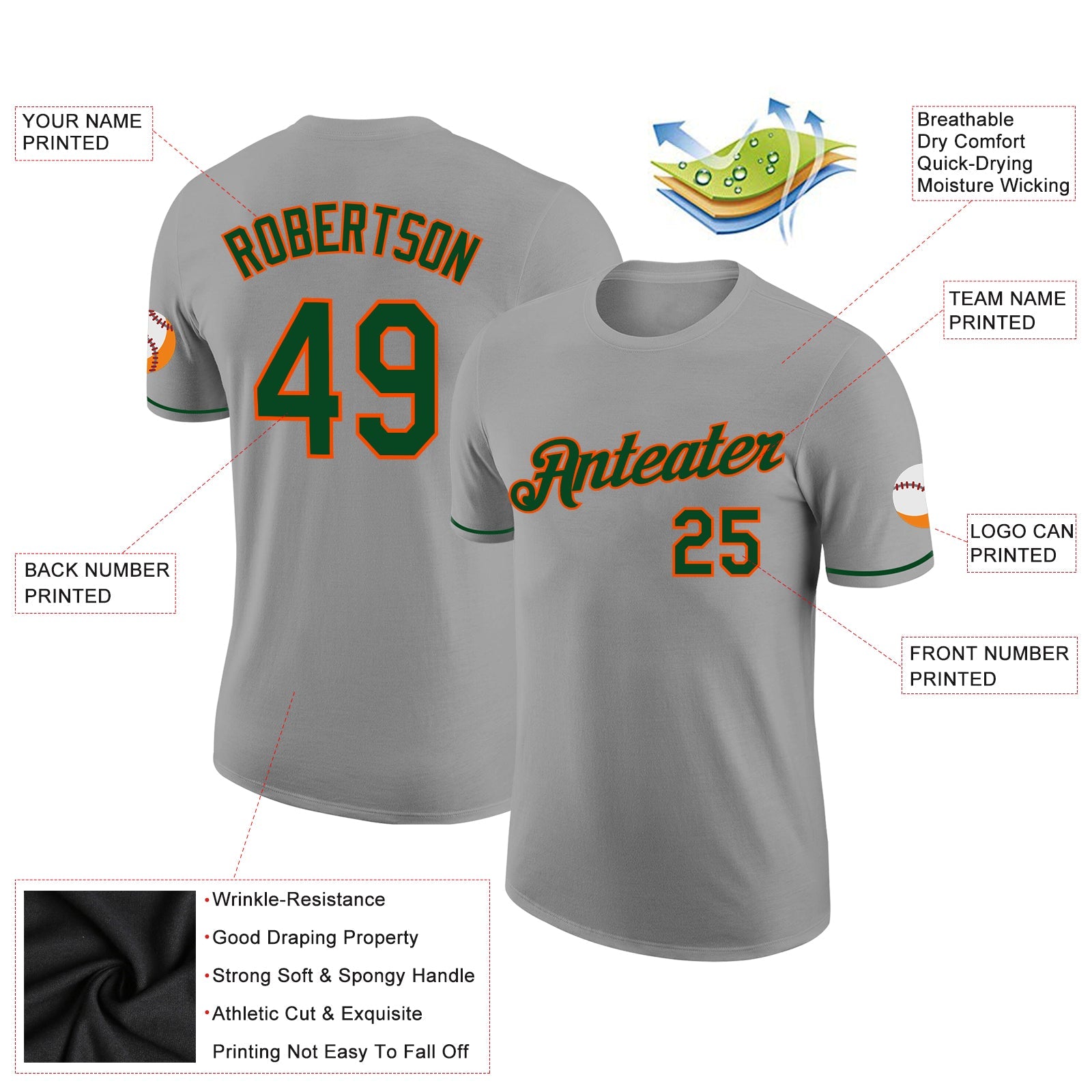Custom Gray Green-Orange Performance T-Shirt view 2