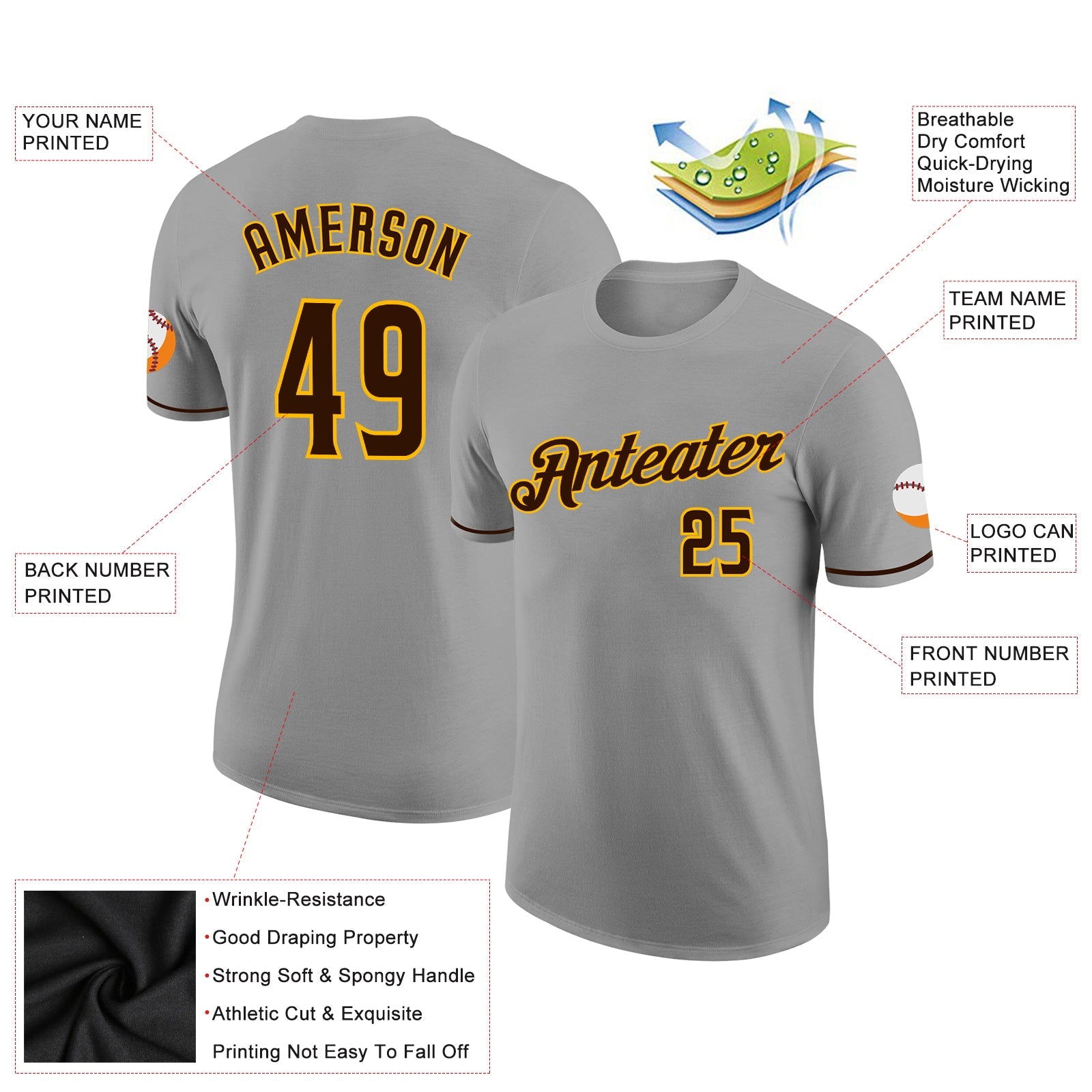 Custom Gray Brown-Gold Performance T-Shirt view 2