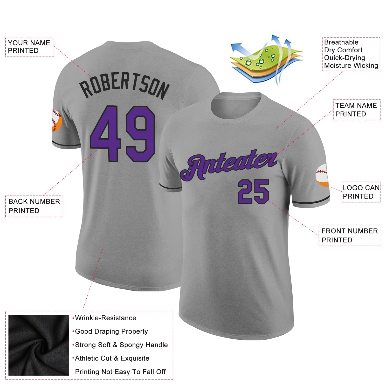Custom Gray Purple-Black Performance T-Shirt view 2