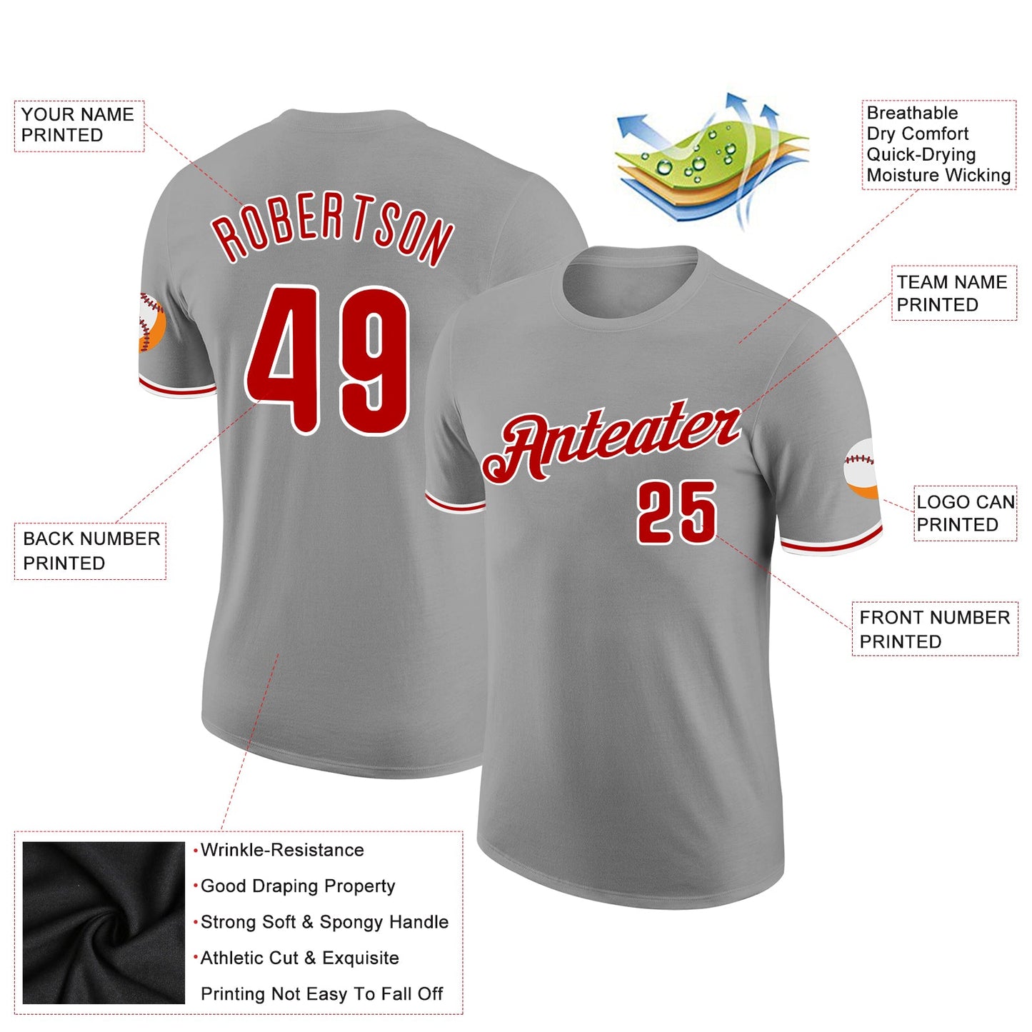 Custom Gray Red-White Performance T-Shirt view 2