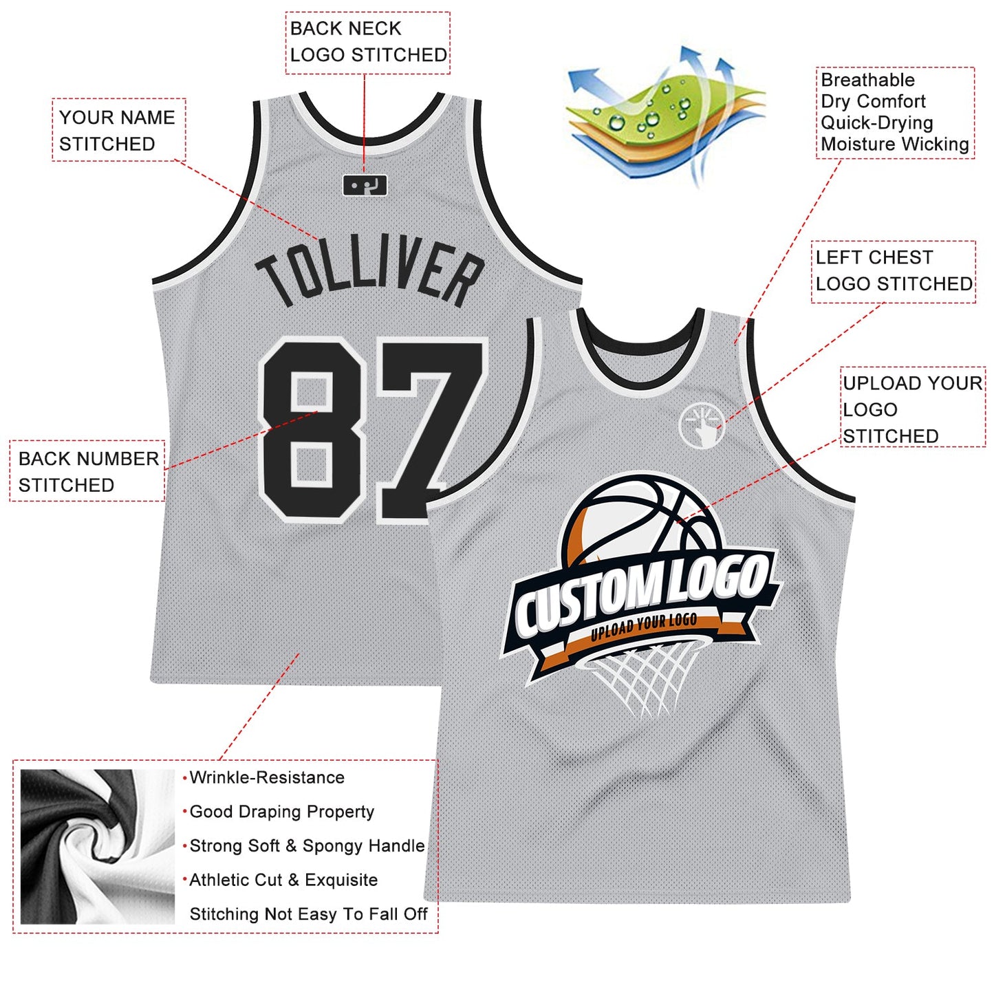 Custom Gray Black-White Authentic Throwback Basketball Jersey view 2