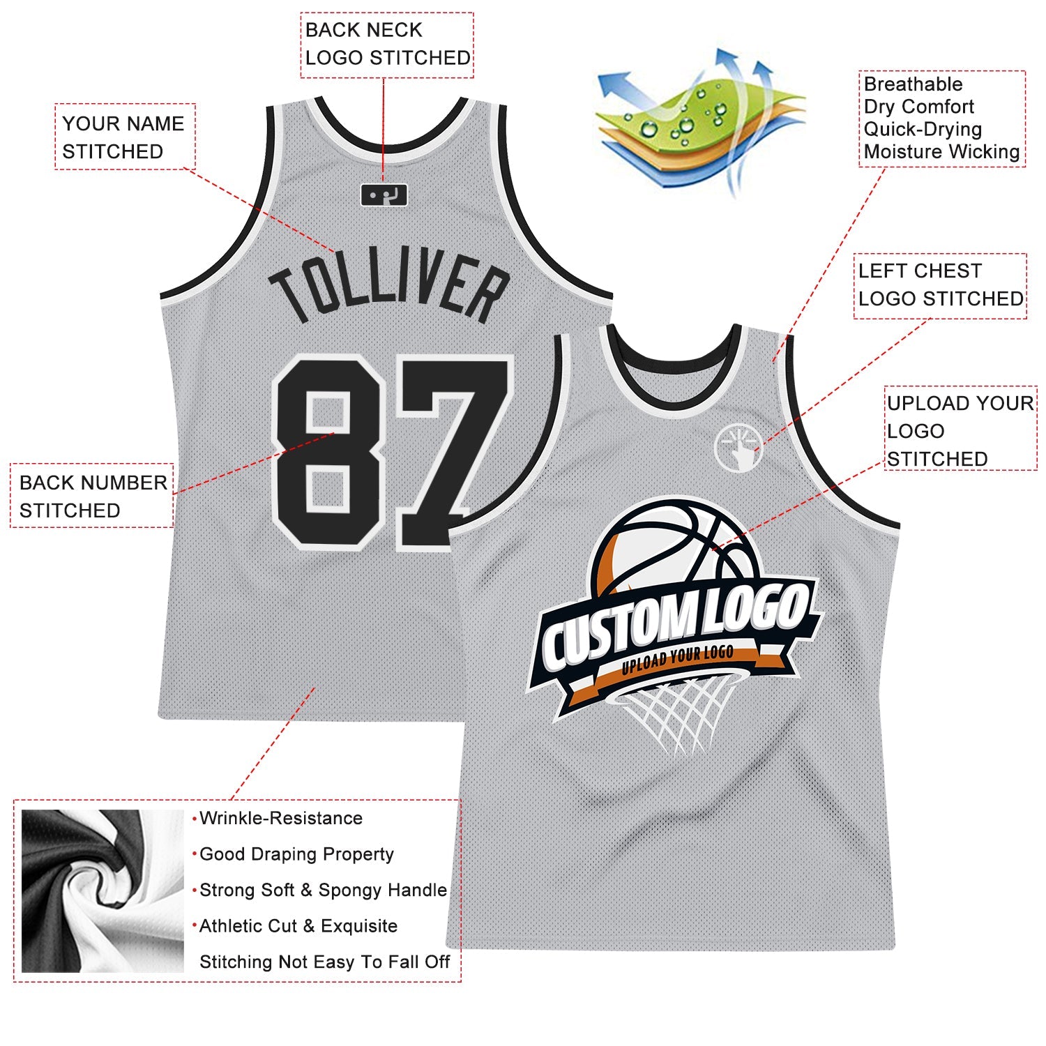 Custom Gray Black-White Authentic Throwback Basketball Jersey view 2