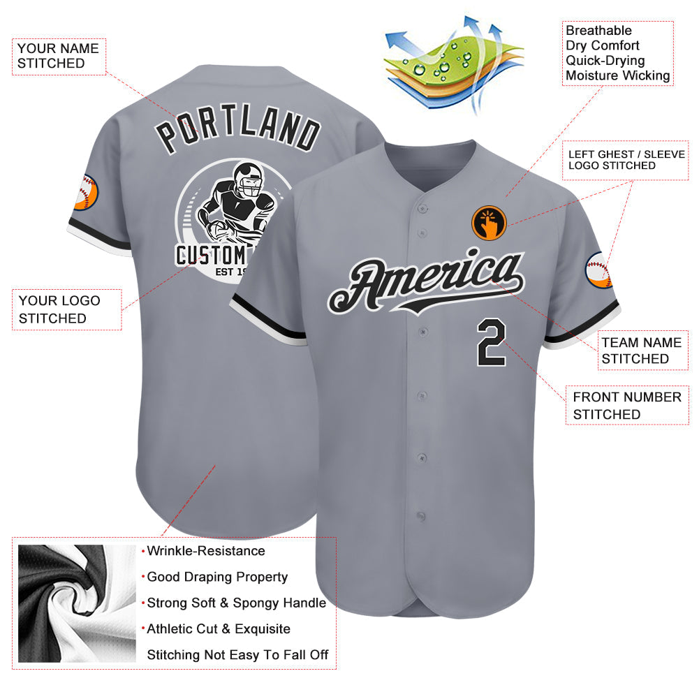 Custom Gray Black-White Authentic Baseball Jersey view 3
