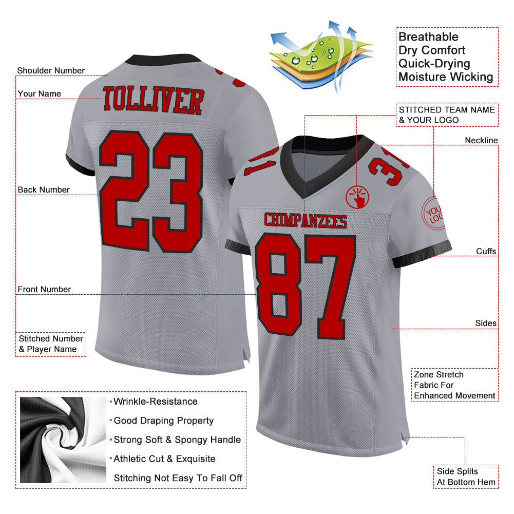 Custom Gray Red-Black Mesh Authentic Football Jersey view 2