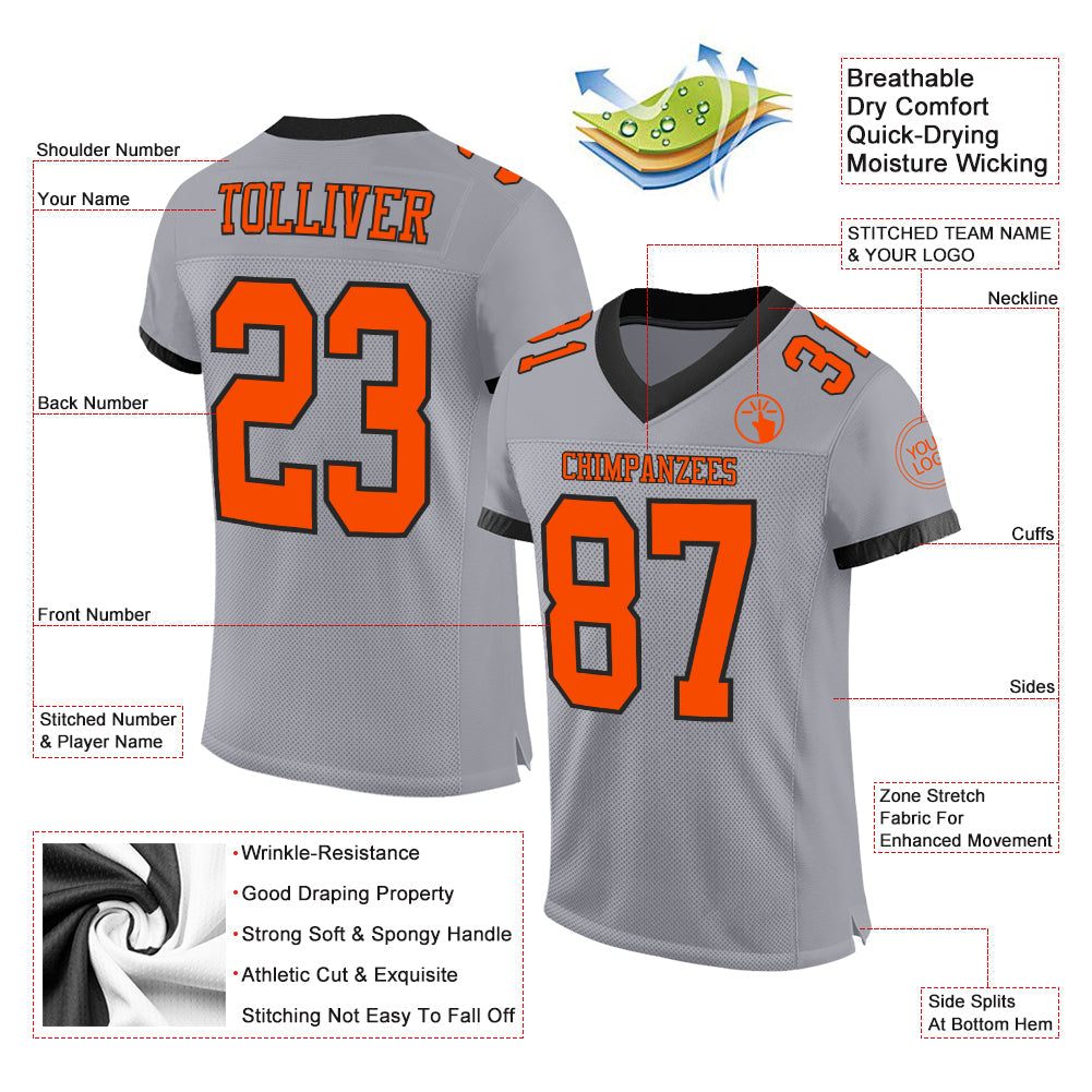 Custom Gray Orange-Black Mesh Authentic Football Jersey view 2