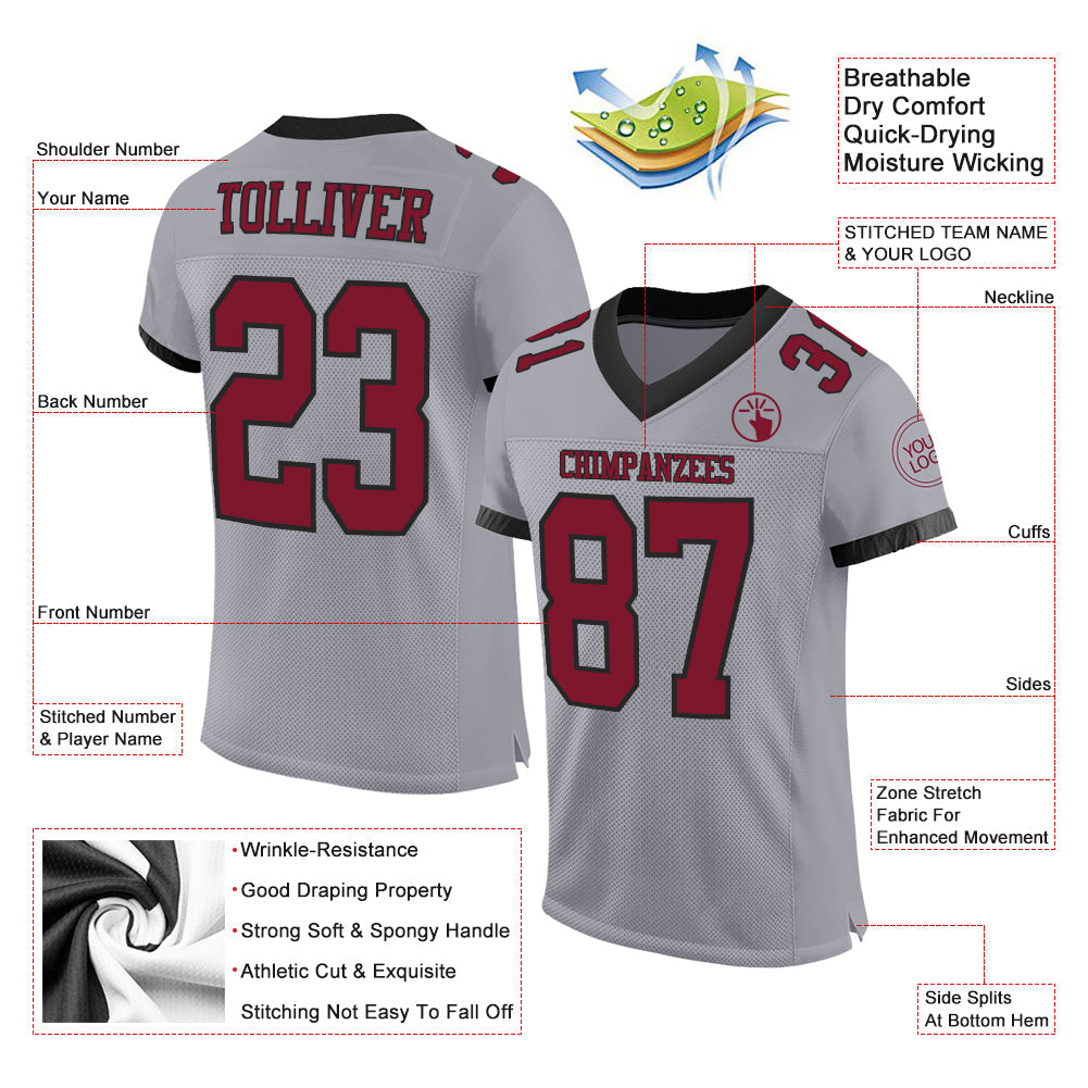 Custom Gray Crimson-Black Mesh Authentic Football Jersey view 2