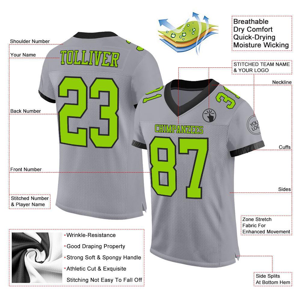 Custom Gray Neon Green-Black Mesh Authentic Football Jersey view 2