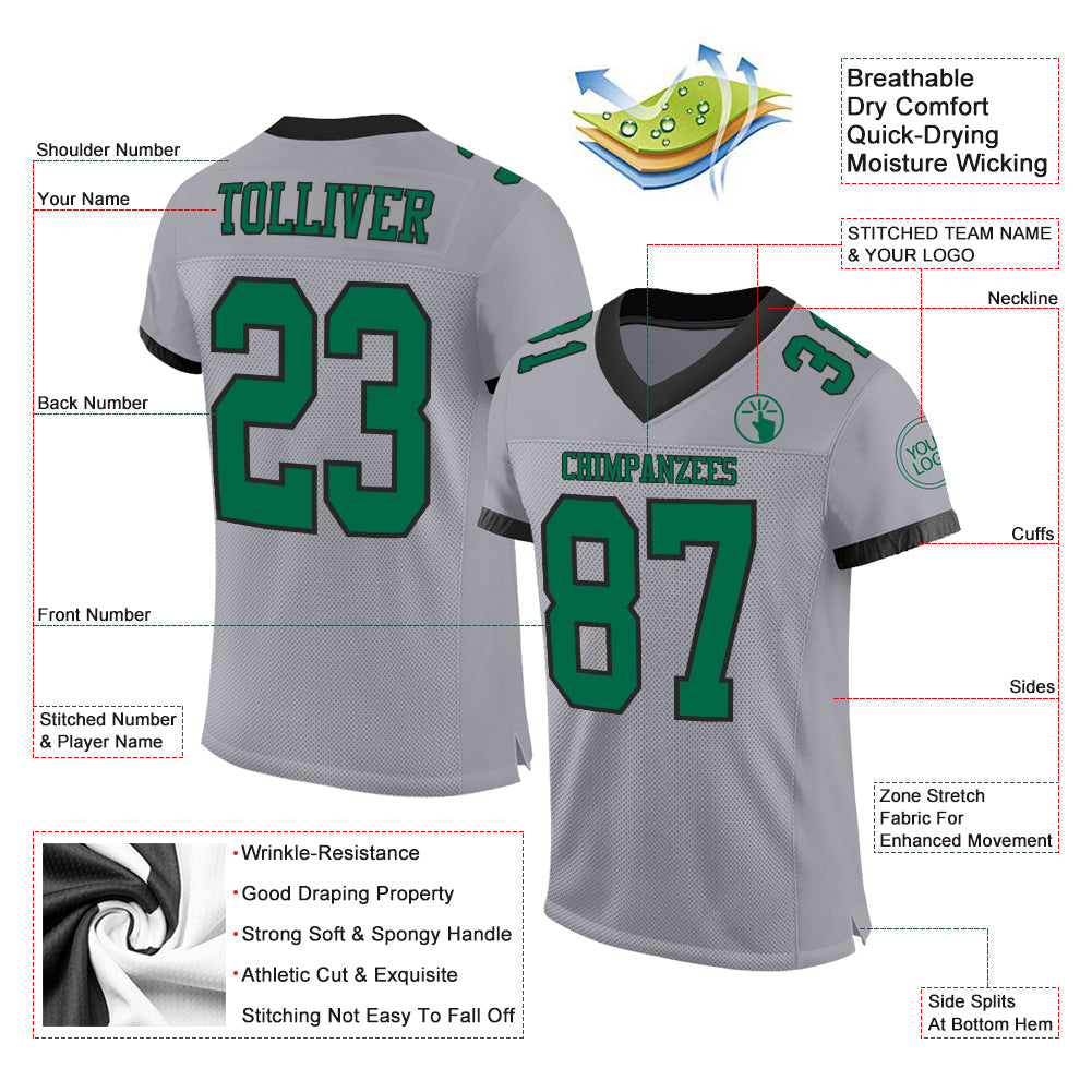 Custom Gray Kelly Green-Black Mesh Authentic Football Jersey view 2