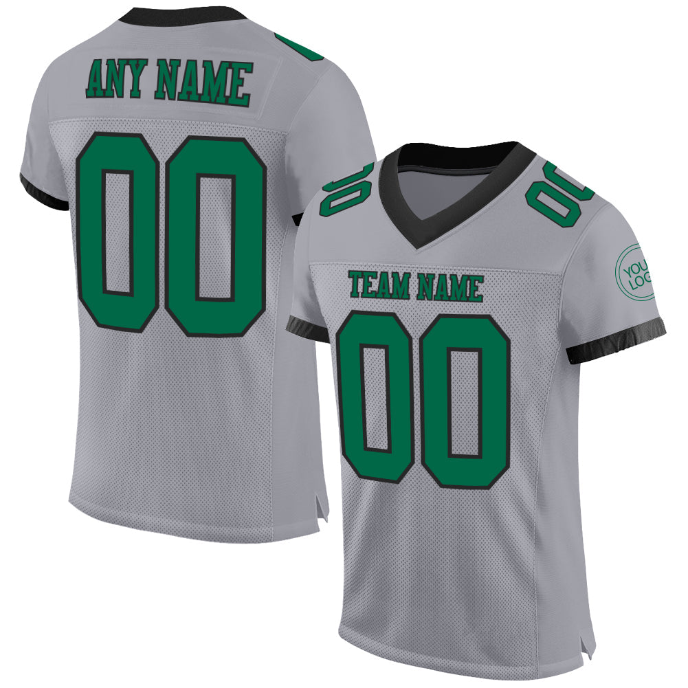 Custom Gray Kelly Green-Black Mesh Authentic Football Jersey - Main View