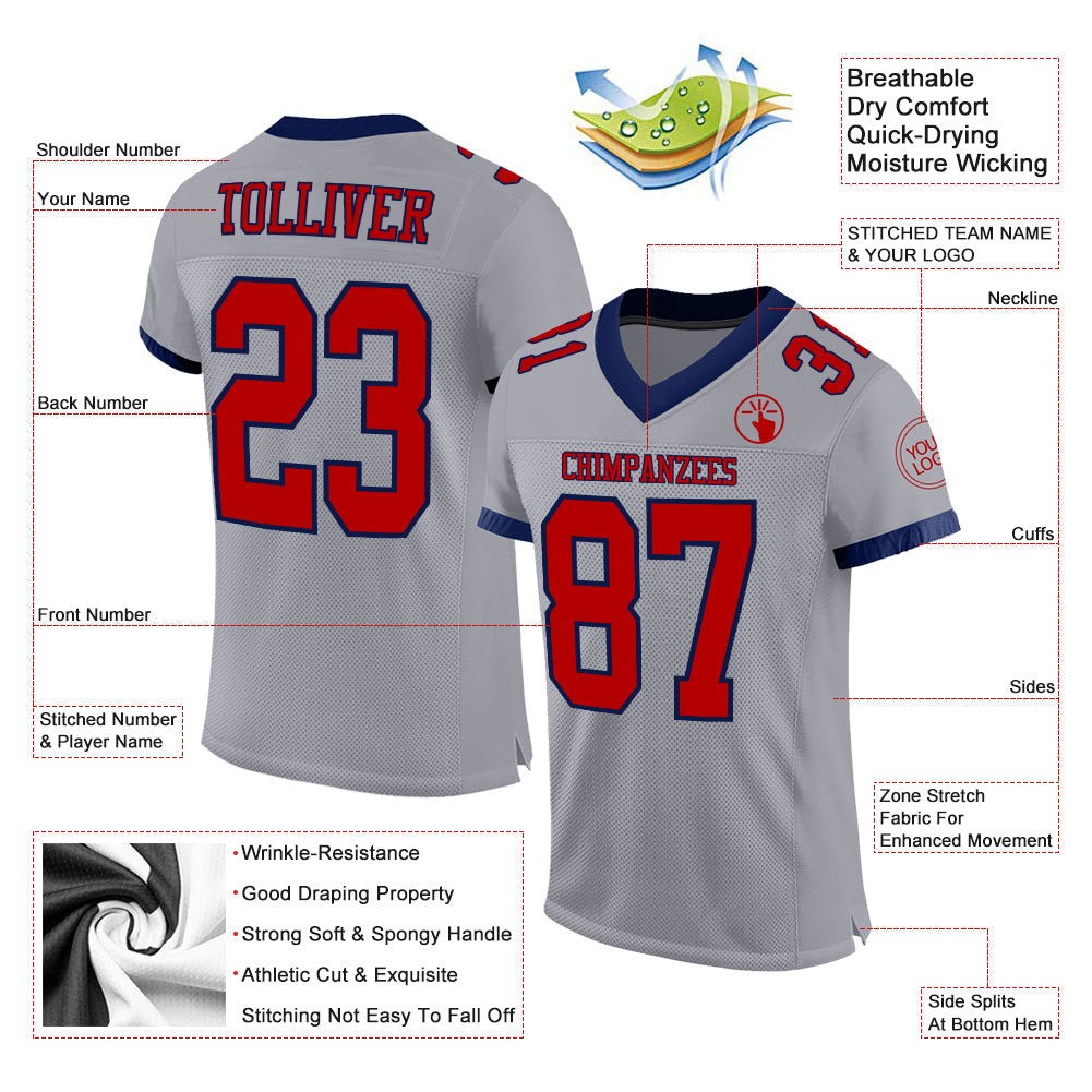 Custom Gray Red-Navy Mesh Authentic Football Jersey view 2