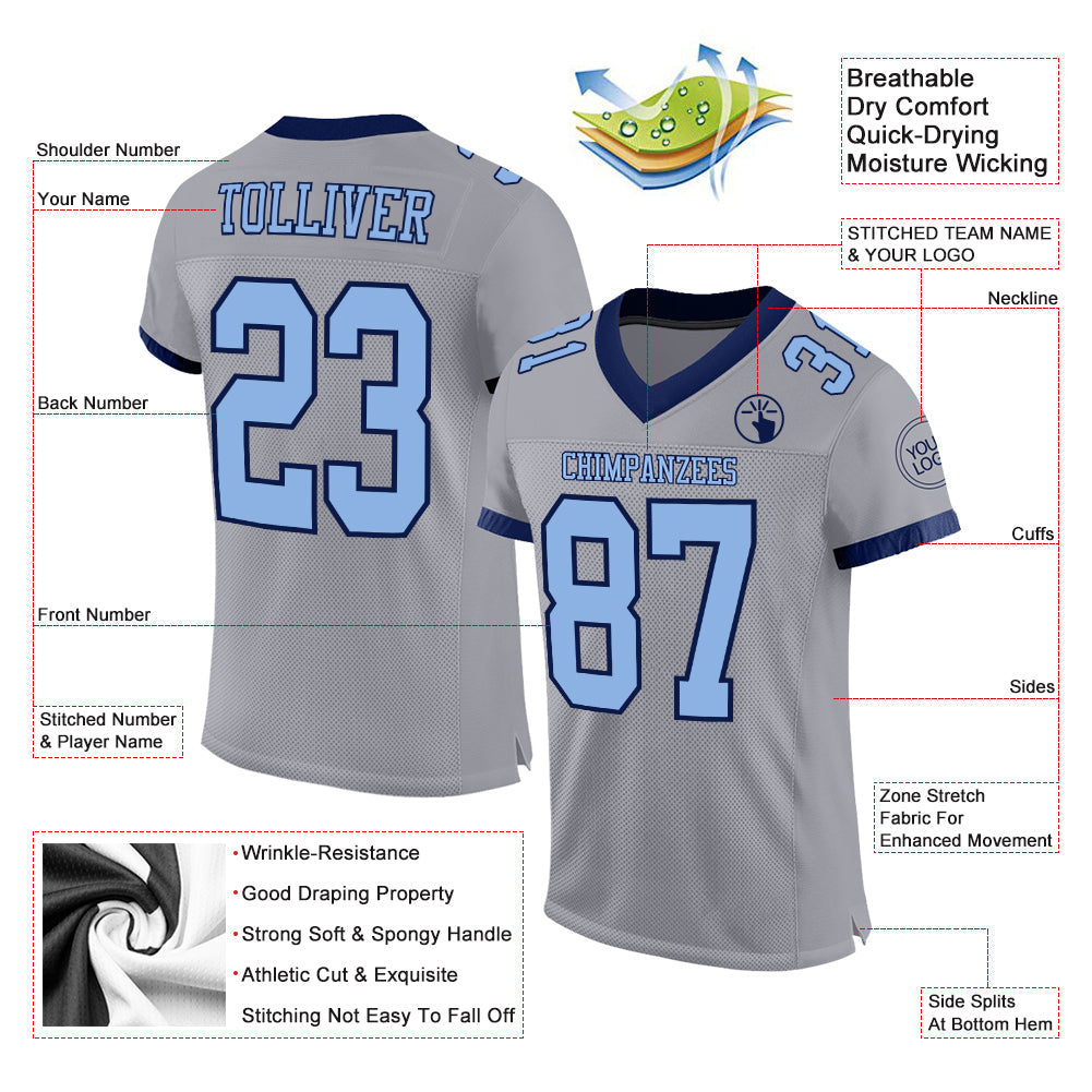 Custom Gray Light Blue-Navy Mesh Authentic Football Jersey view 2