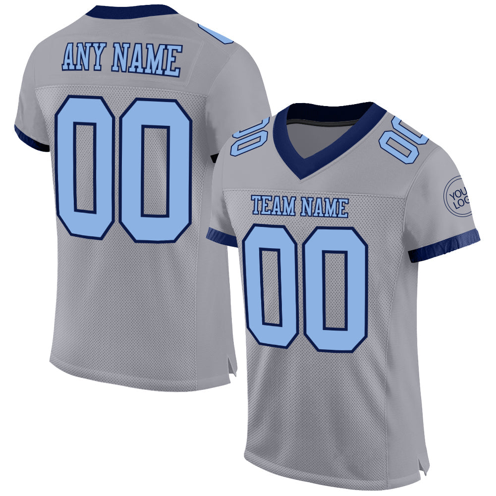 Custom Gray Light Blue-Navy Mesh Authentic Football Jersey - Main View
