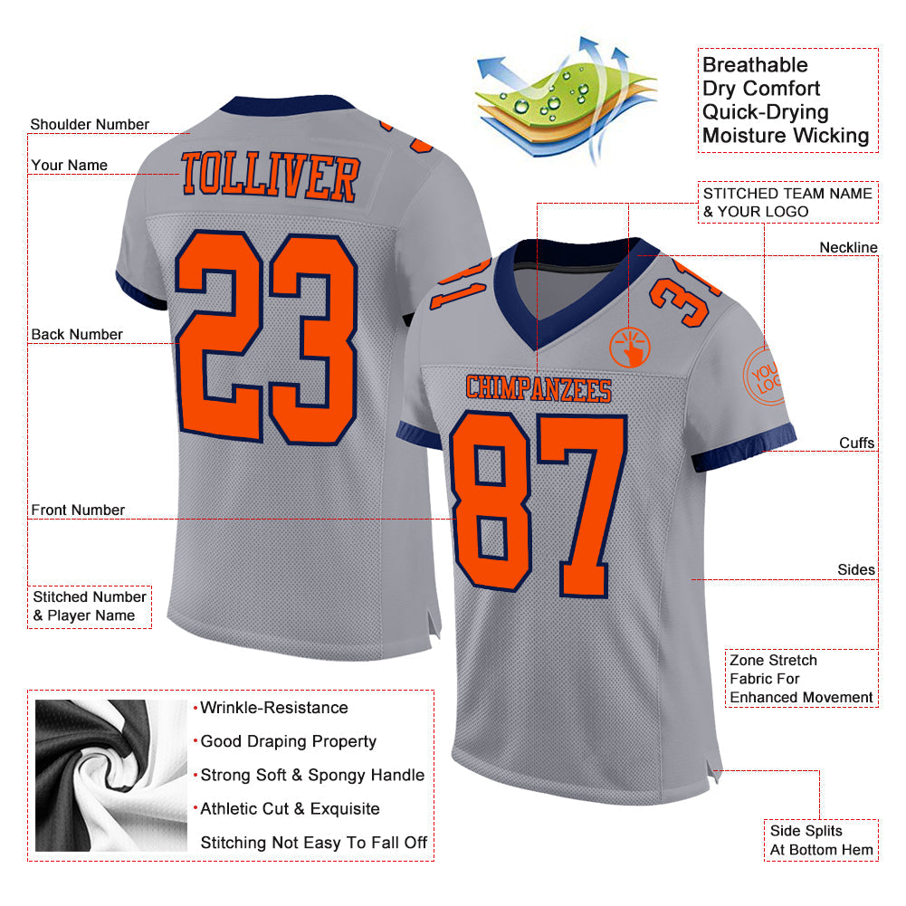 Custom Gray Orange-Navy Mesh Authentic Football Jersey view 2