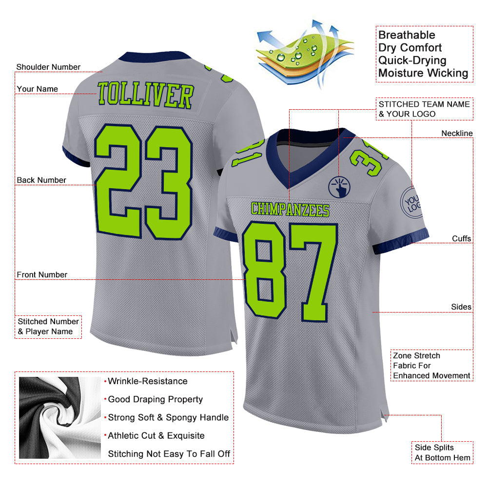 Custom Gray Neon Green-Navy Mesh Authentic Football Jersey view 2