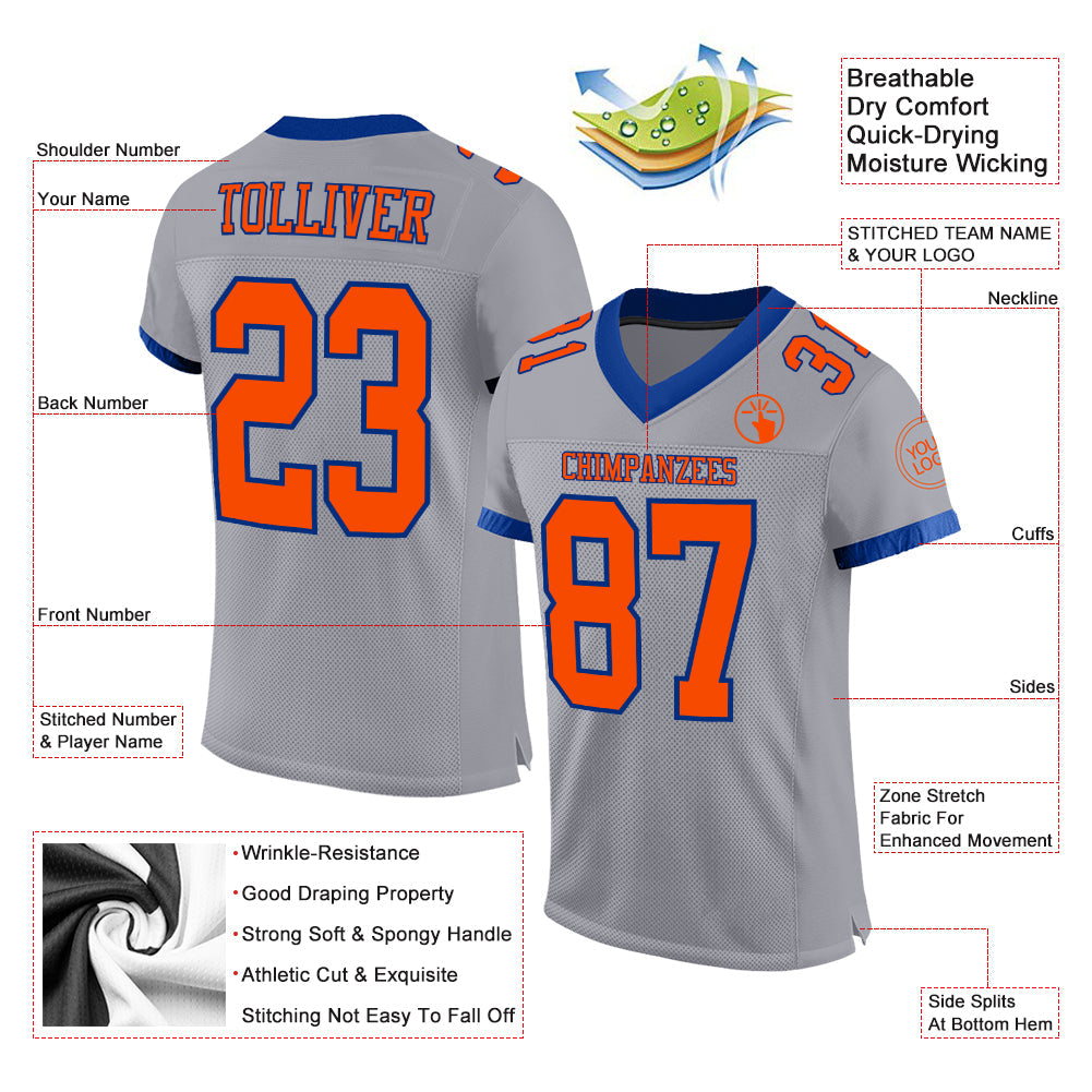 Custom Gray Orange-Navy Mesh Authentic Football Jersey view 2