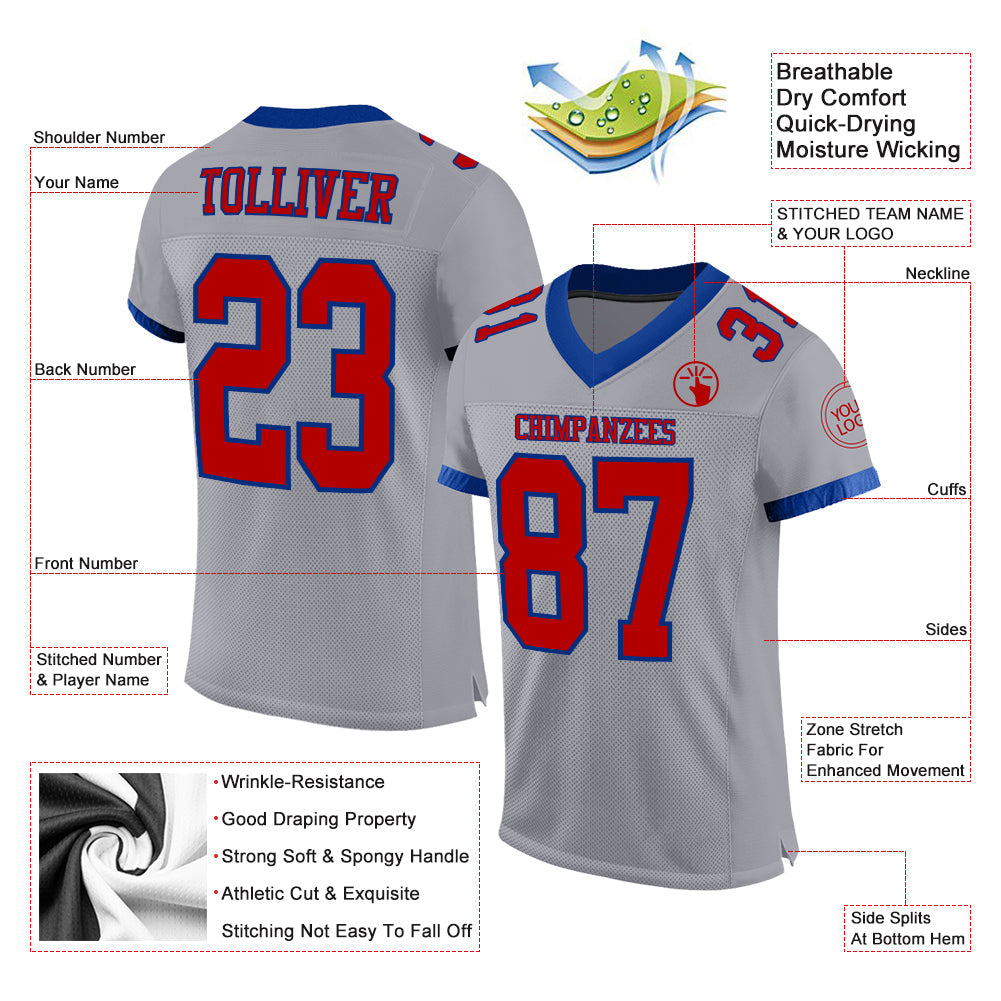 Custom Gray Red-Royal Mesh Authentic Football Jersey view 2