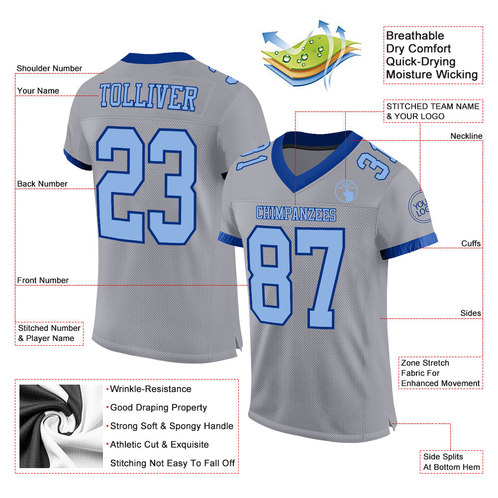 Custom Gray Light Blue-Royal Mesh Authentic Football Jersey view 2