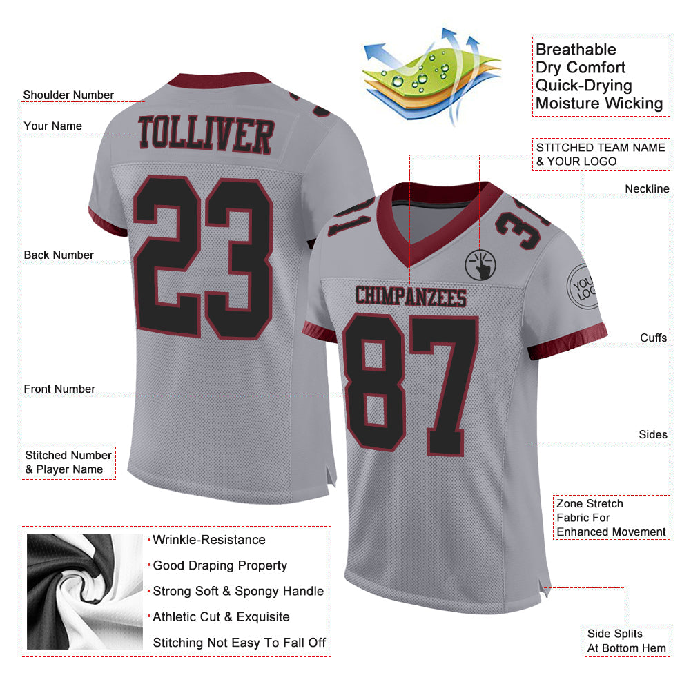Custom Gray Black-Burgundy Mesh Authentic Football Jersey view 2