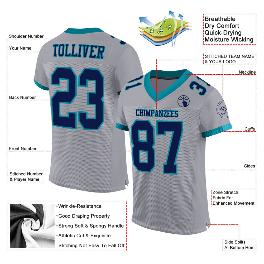 Custom Gray Navy-Teal Mesh Authentic Football Jersey view 2