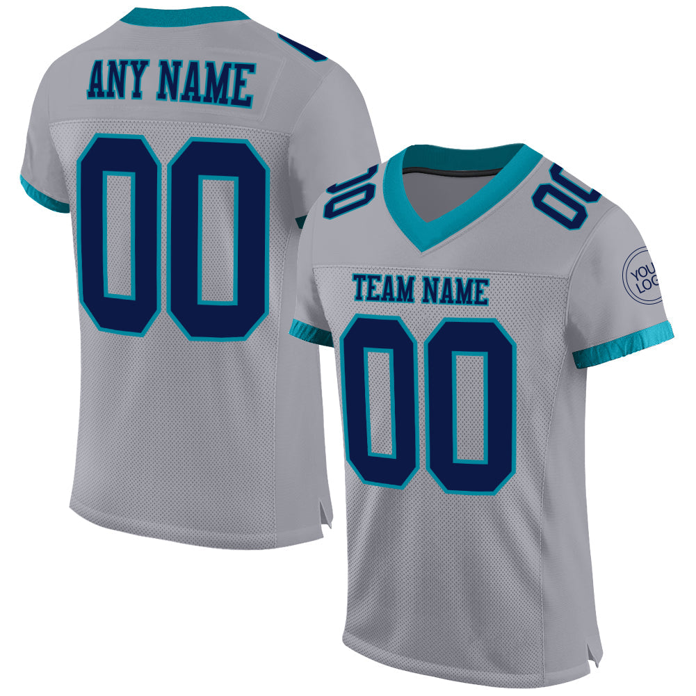 Custom Gray Navy-Teal Mesh Authentic Football Jersey - Main View