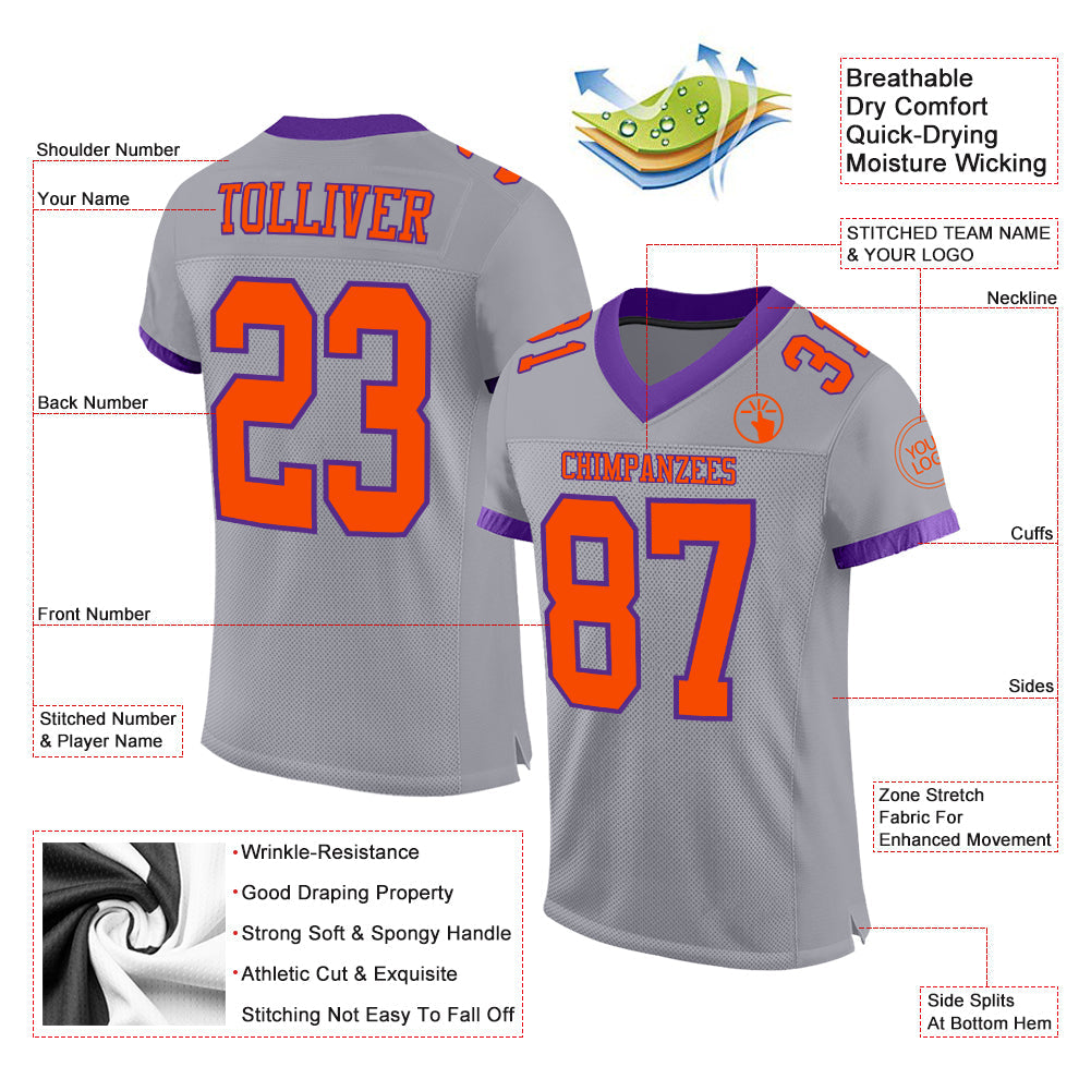 Custom Gray Orange-Purple Mesh Authentic Football Jersey view 2