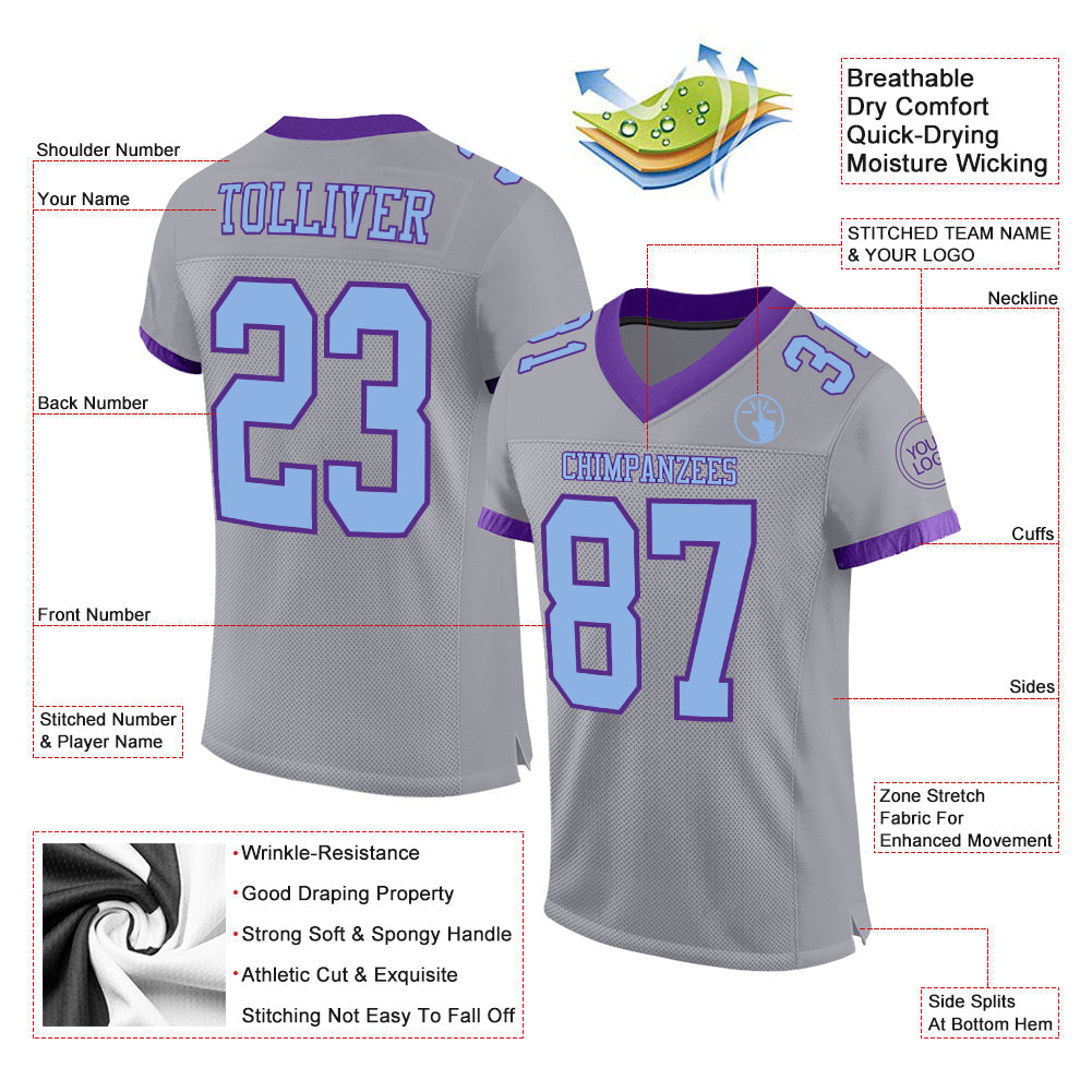 Custom Gray Light Blue-Purple Mesh Authentic Football Jersey view 2