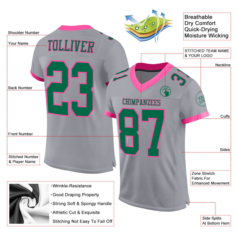 Custom Gray Kelly Green-Pink Mesh Authentic Football Jersey view 2