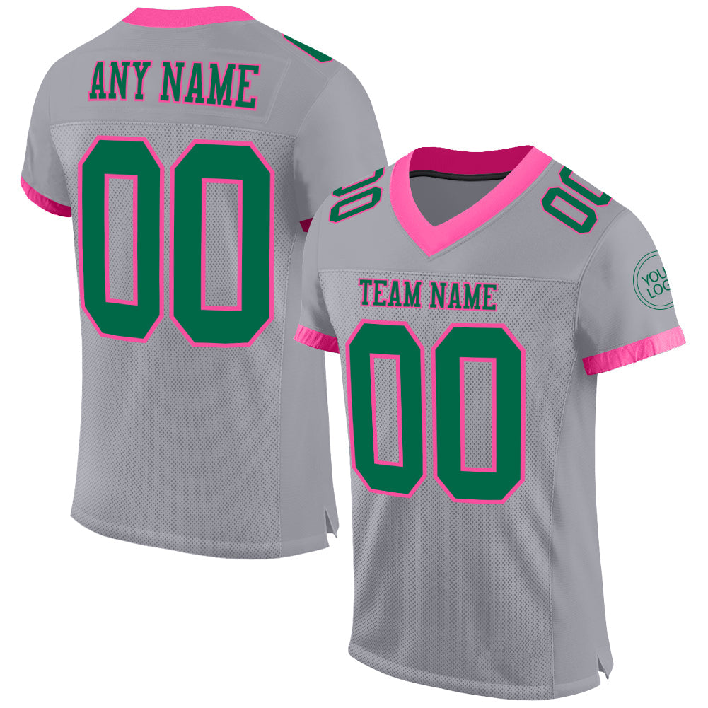 Custom Gray Kelly Green-Pink Mesh Authentic Football Jersey - Main View
