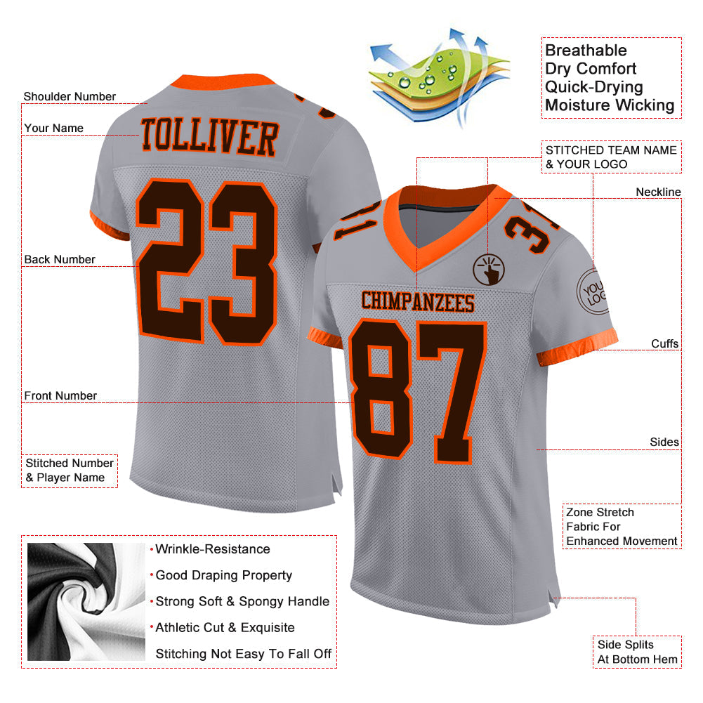 Custom Gray Brown-Orange Mesh Authentic Football Jersey view 2