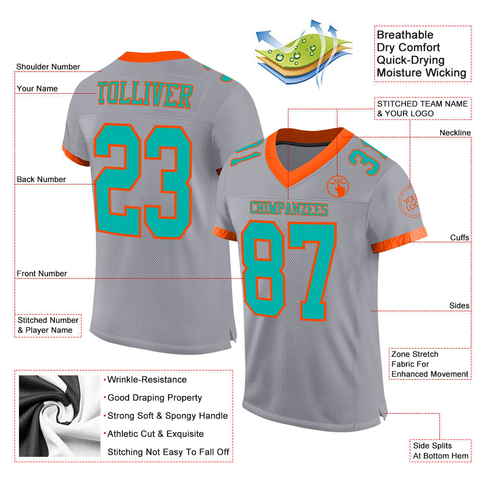 Custom Gray Aqua-Orange Mesh Authentic Football Jersey view 2