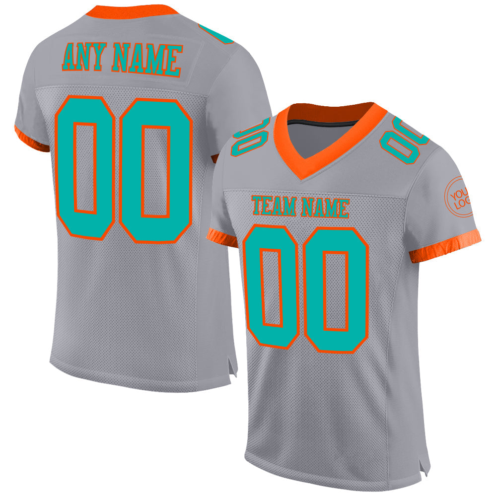 Custom Gray Aqua-Orange Mesh Authentic Football Jersey - Main View