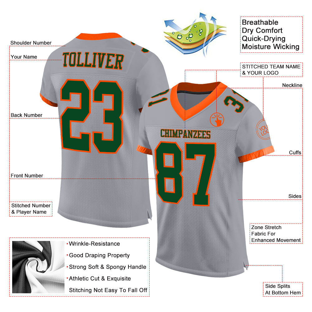 Custom Gray Green-Orange Mesh Authentic Football Jersey view 2