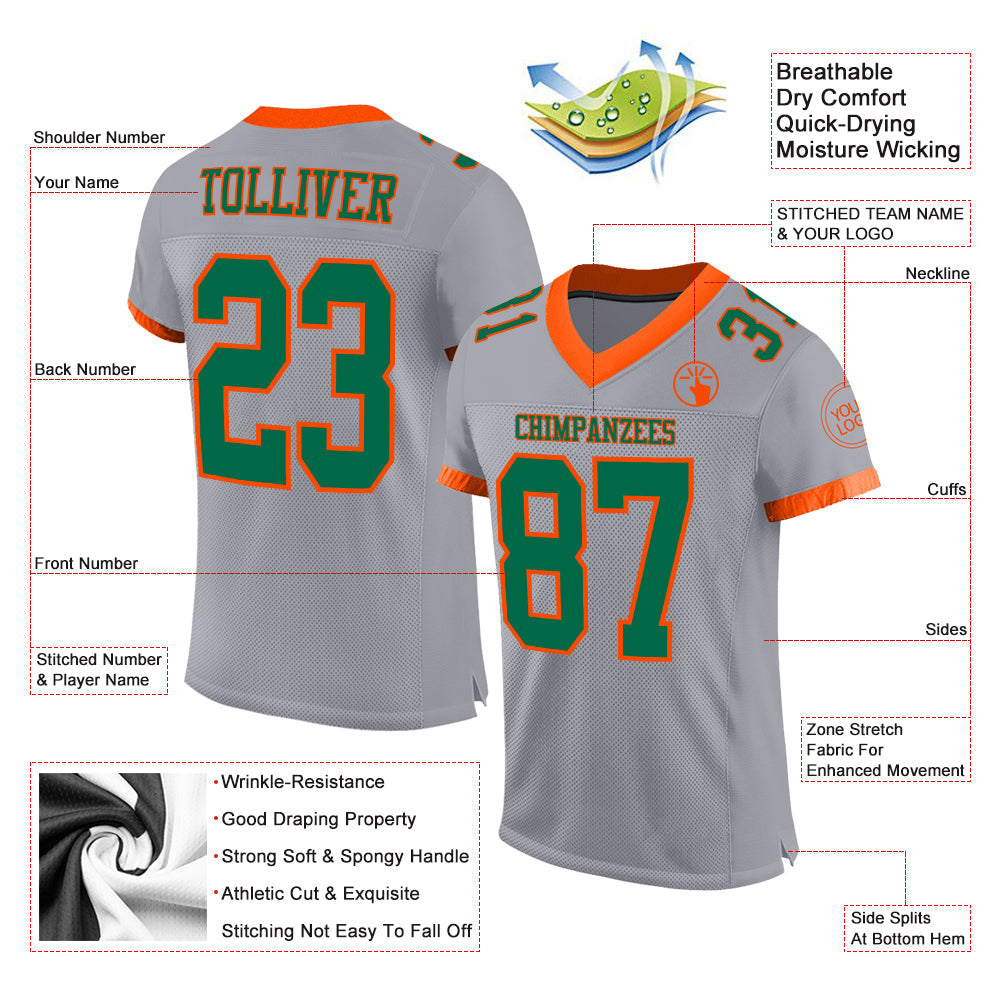 Custom Gray Kelly Green-Orange Mesh Authentic Football Jersey view 2