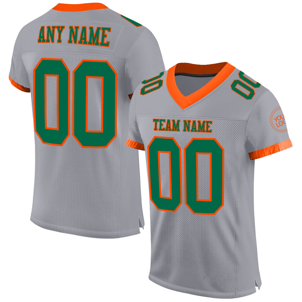 Custom Gray Kelly Green-Orange Mesh Authentic Football Jersey - Main View