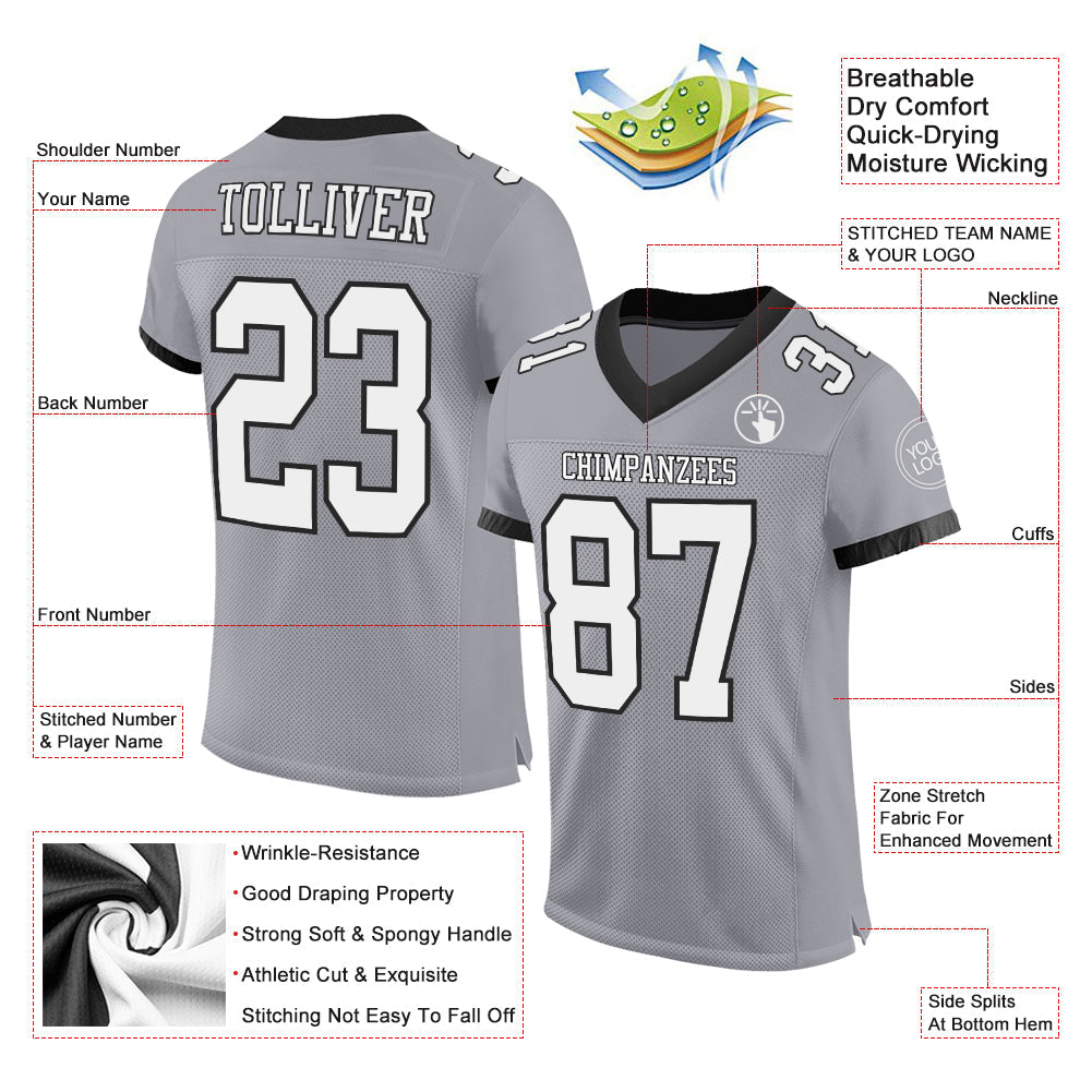 Custom Gray White-Black Mesh Authentic Football Jersey view 2