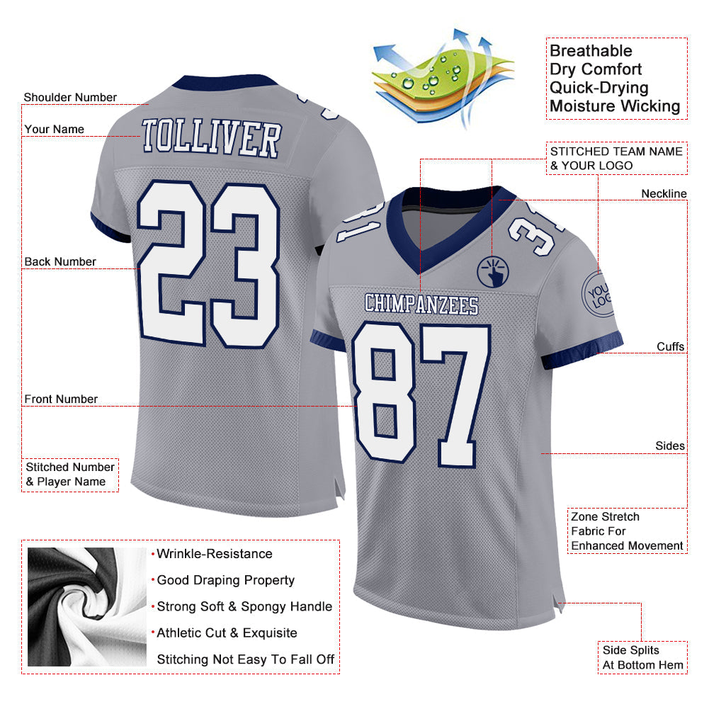 Custom Gray White-Navy Mesh Authentic Football Jersey view 2