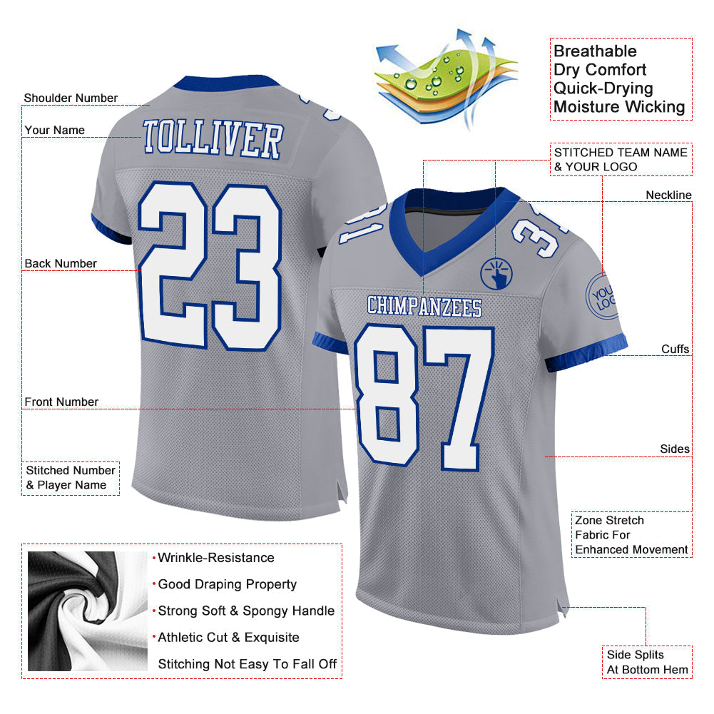 Custom Gray White-Royal Mesh Authentic Football Jersey view 2