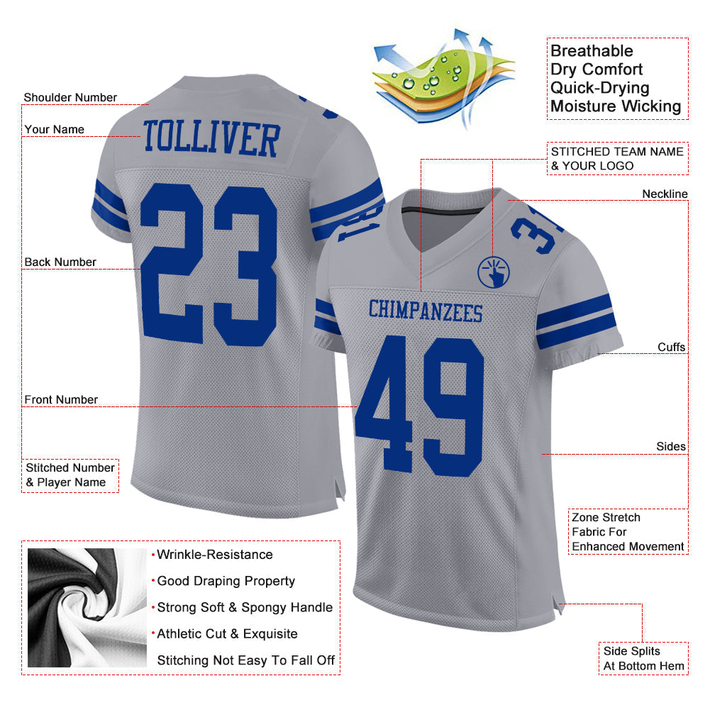 Custom Gray Royal Mesh Authentic Football Jersey view 2
