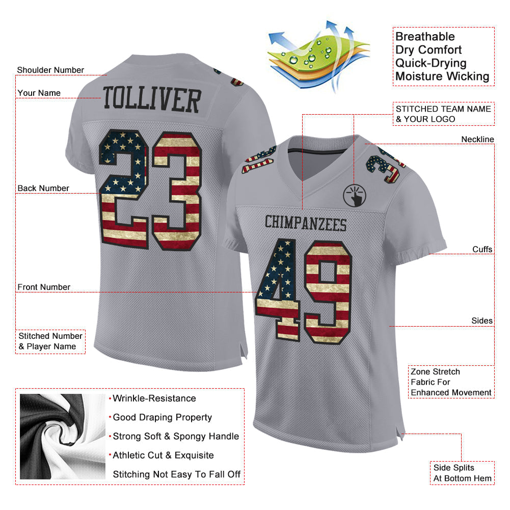 Custom Gray Vintage USA Flag-Black Mesh Authentic Football Jersey view 2