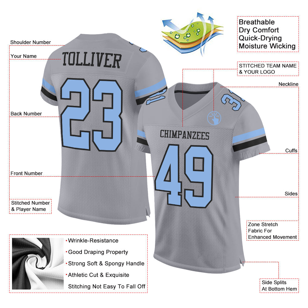 Custom Gray Light Blue-Black Mesh Authentic Football Jersey view 2
