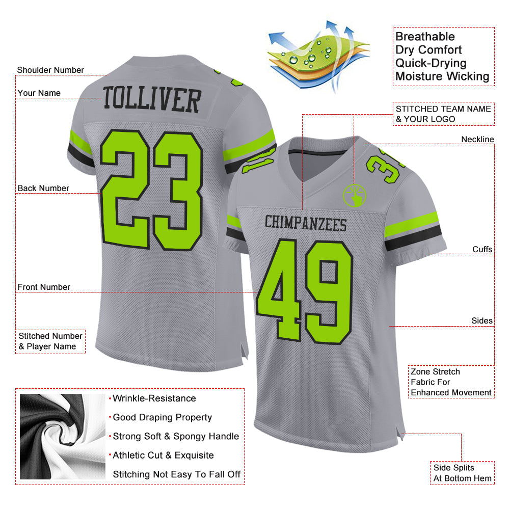 Custom Gray Neon Green-Black Mesh Authentic Football Jersey view 2