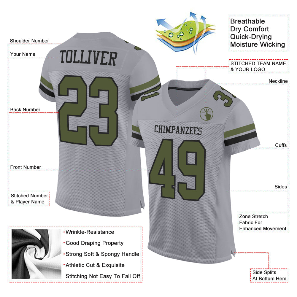 Custom Gray Olive-Black Mesh Authentic Football Jersey view 2