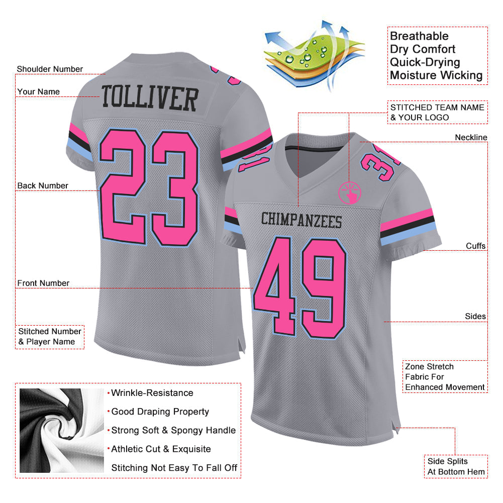 Custom Gray Pink Black-Light Blue Mesh Authentic Football Jersey view 2