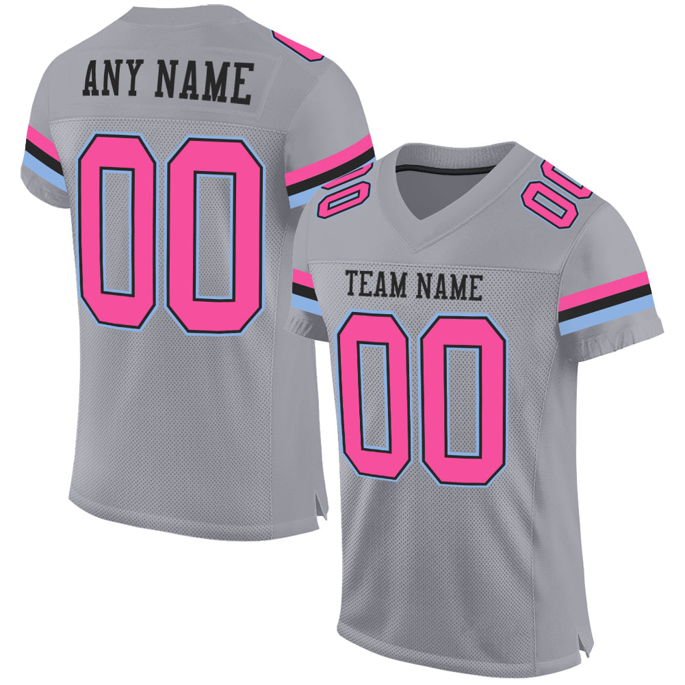 Custom Gray Pink Black-Light Blue Mesh Authentic Football Jersey - Main View