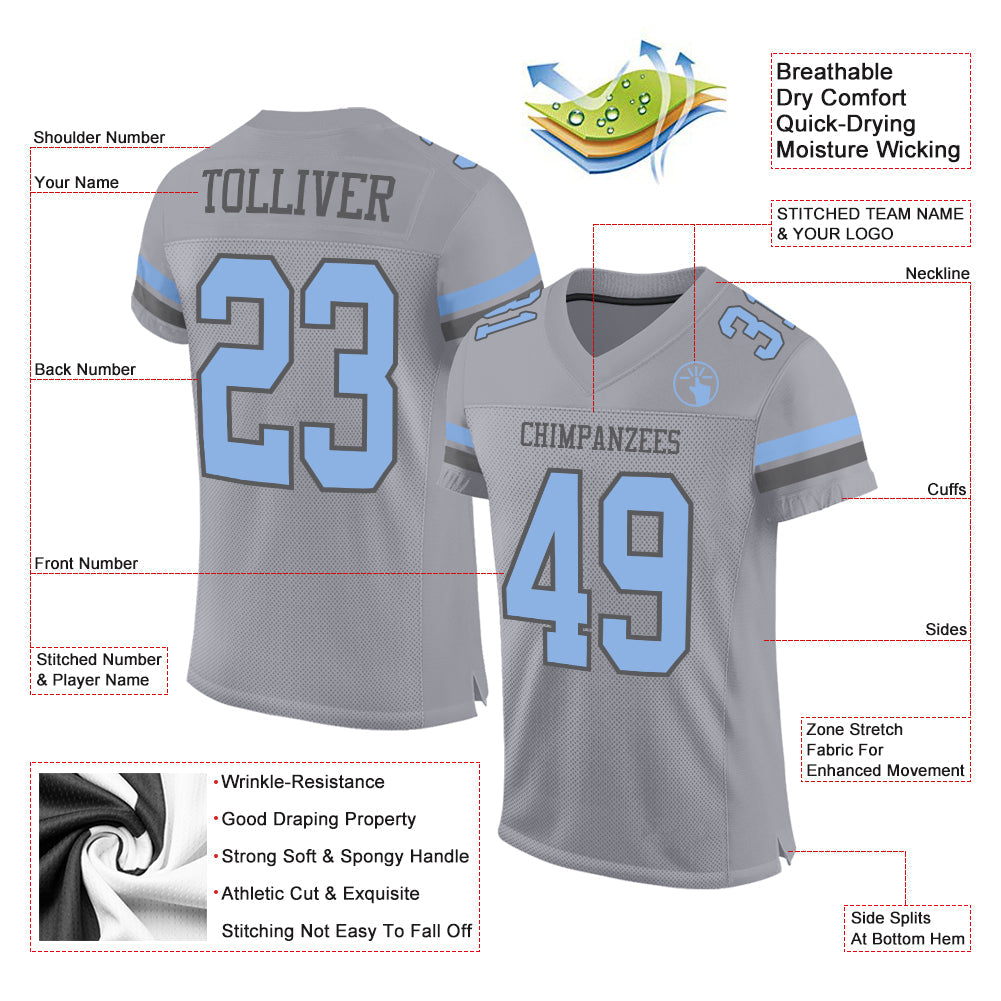 Custom Gray Light Blue-Steel Gray Mesh Authentic Football Jersey view 2