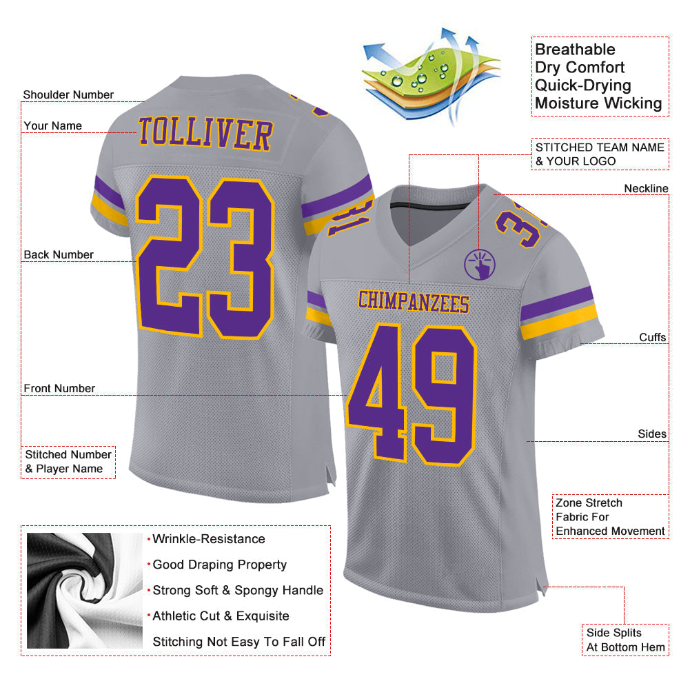 Custom Gray Purple-Gold Mesh Authentic Football Jersey view 2