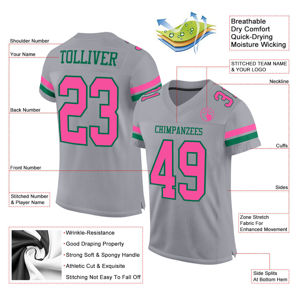 Custom Gray Pink-Kelly Green Mesh Authentic Football Jersey view 2