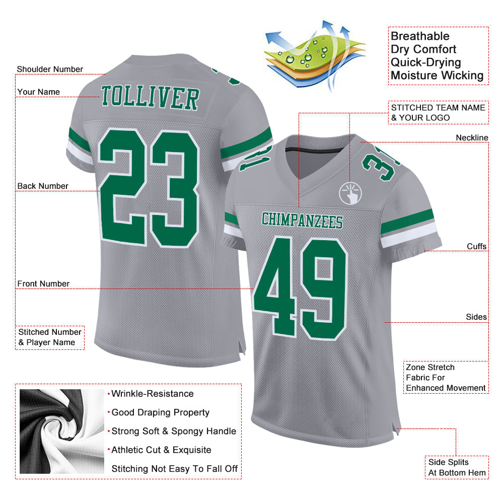 Custom Gray Kelly Green-White Mesh Authentic Football Jersey view 2