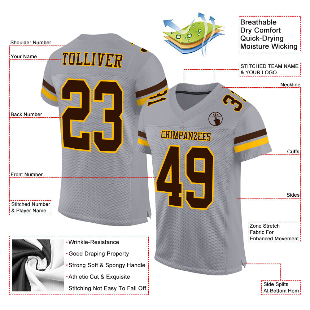 Custom Gray Brown-Gold Mesh Authentic Football Jersey view 2
