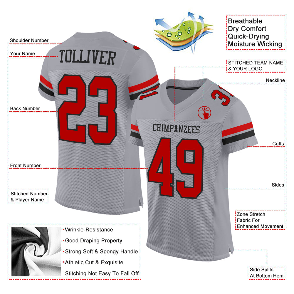 Custom Gray Red-Black Mesh Authentic Football Jersey view 2